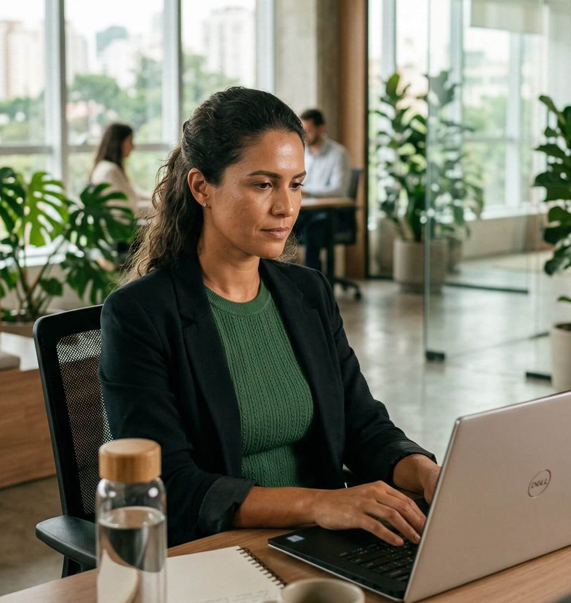 Profissional utilizando a plataforma Onegreen em notebook para gestão ambiental e acompanhamento de processos.