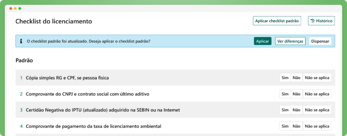 Tela da plataforma Onegreen com checklist de licenciamento ambiental e acompanhamento de documentos obrigatórios para conformidade regulatória.