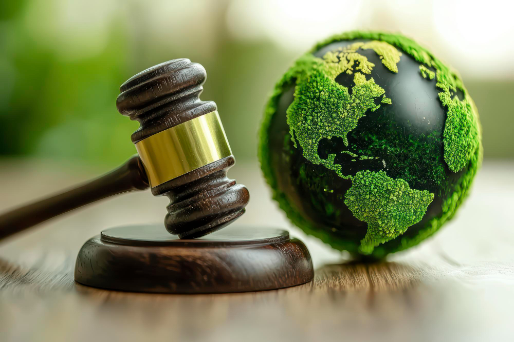 Um martelo de um juiz ao lado do planeta verde Terra o conceito de desenvolvimento sustentável e proteção ambiental